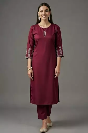 Maroon embroidered rayon kurta set