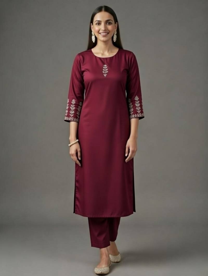 Maroon embroidered rayon kurta set