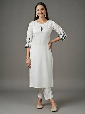 White embroidered rayon kurta set 1