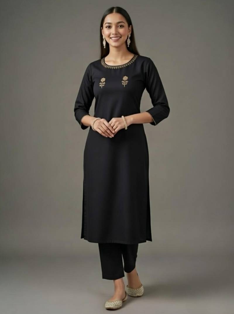 Black embroidered rayon kurta set