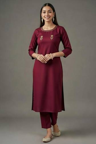 Maroon embroidered rayon kurta set