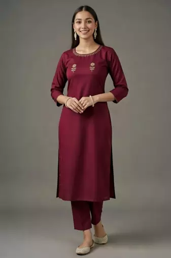Maroon embroidered rayon kurta set