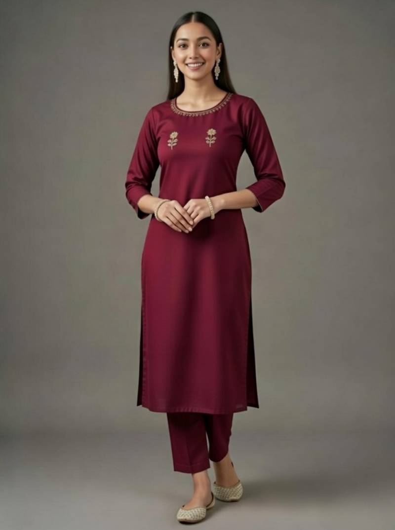 Maroon embroidered rayon kurta set