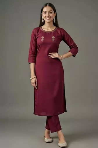 Maroon embroidered rayon kurta set