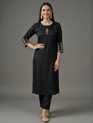 Black embroidered rayon kurta set 2