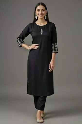 Black embroidered rayon kurta set