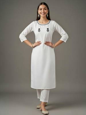 White embroidered rayon kurta set 2