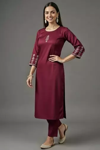 Maroon embroidered rayon kurta set