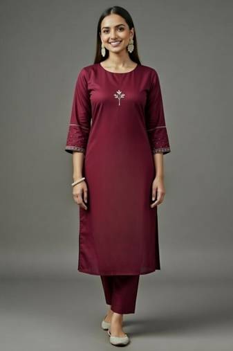 Maroon embroidered rayon kurta set