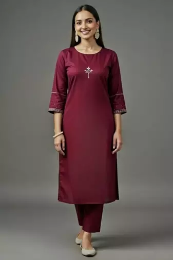 Maroon embroidered rayon kurta set