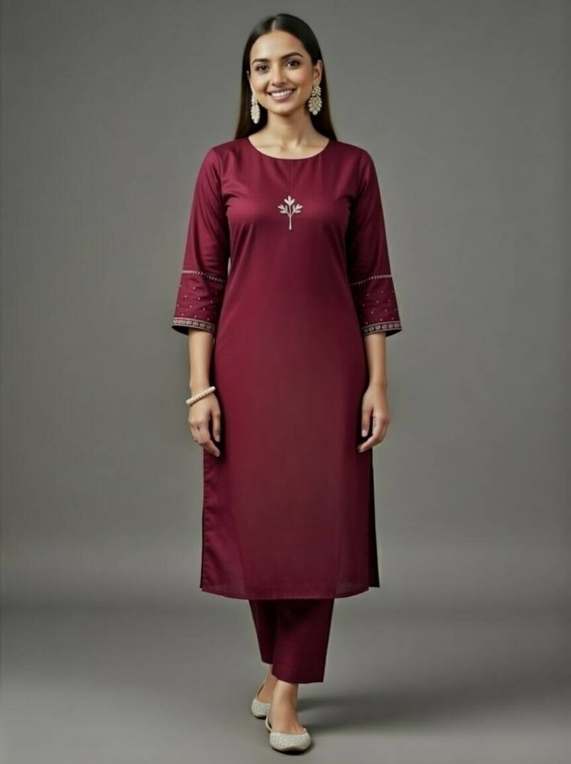 Maroon embroidered rayon kurta set
