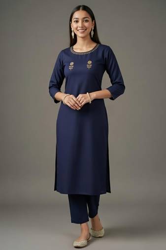Navy embroidered rayon kurta set