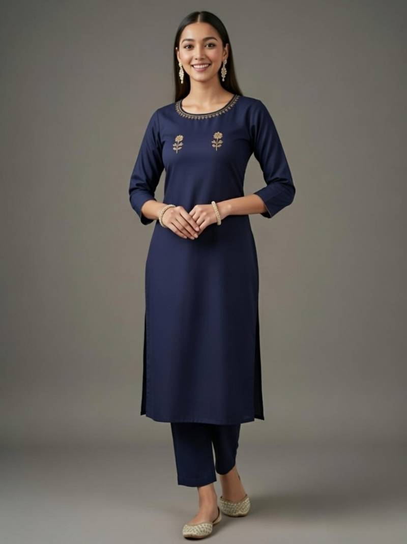 Navy embroidered rayon kurta set