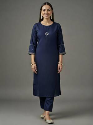 Navy embroidered rayon kurta set 1