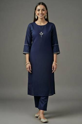 Navy embroidered rayon kurta set