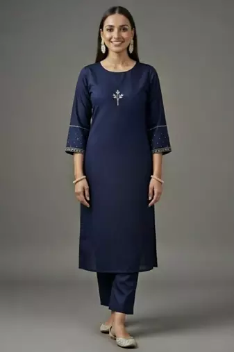 Navy embroidered rayon kurta set