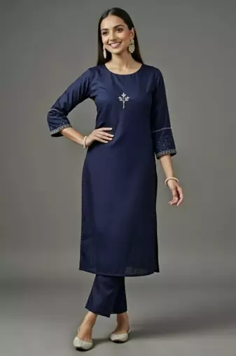 Navy embroidered rayon kurta set