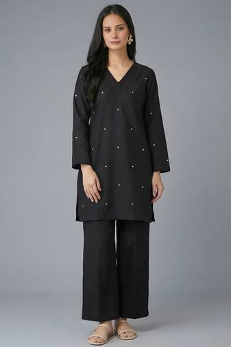 Black embroidered rayon kurta set
