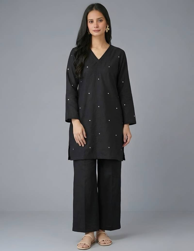 Black embroidered rayon kurta set