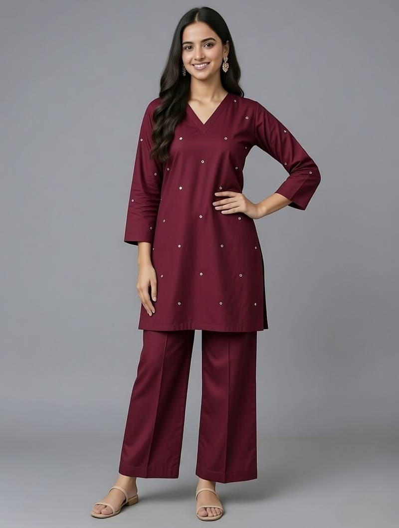 Maroon embroidered rayon kurta set