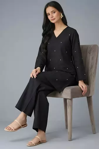 Black embroidered rayon kurta set