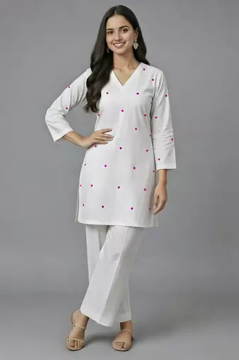 White embroidered rayon kurta set