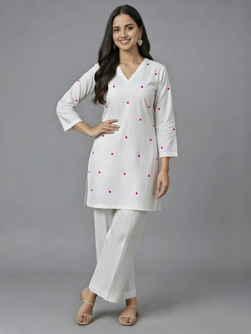 White embroidered rayon kurta set