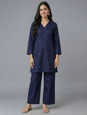 Navy embroidered rayon kurta set 1