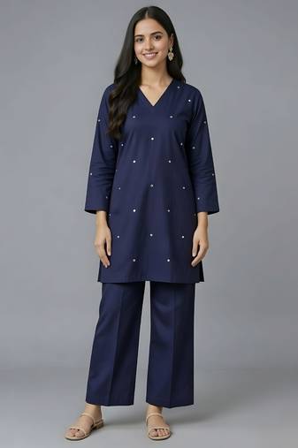 Navy embroidered rayon kurta set
