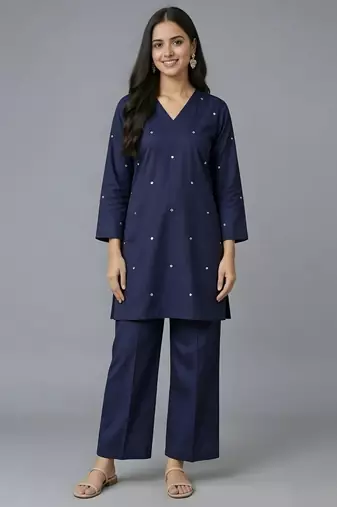 Navy embroidered rayon kurta set