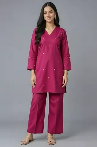 Pink embroidered rayon kurta set