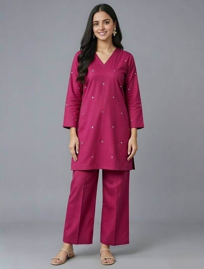 Pink embroidered rayon kurta set