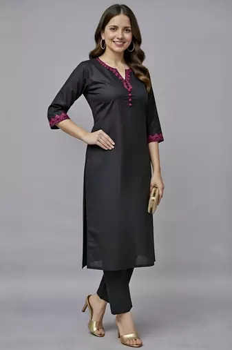 Black embroidered rayon kurta set