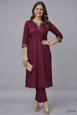 Maroon embroidered rayon kurta set 1