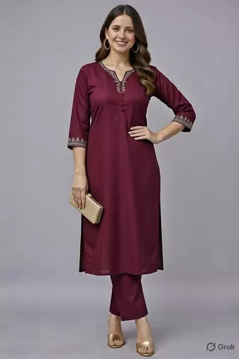 Maroon embroidered rayon kurta set