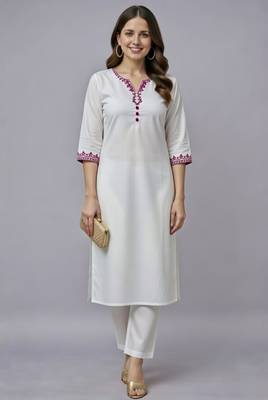 White embroidered rayon kurta set 1