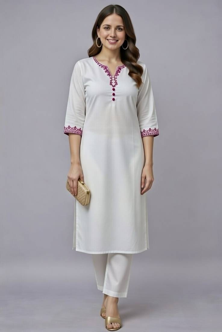 White embroidered rayon kurta set