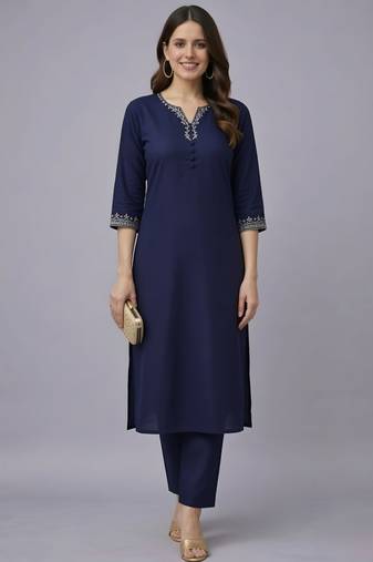 Navy embroidered rayon kurta set