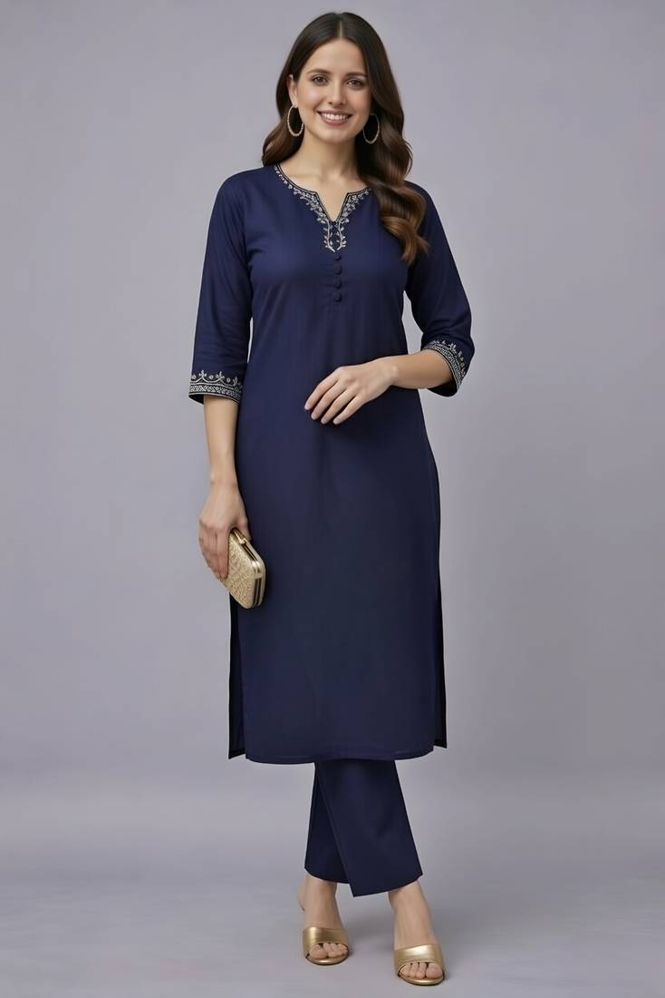 Navy embroidered rayon kurta set