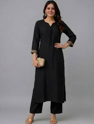 Black embroidered rayon kurta set 1
