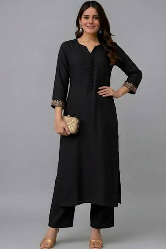 Black embroidered rayon kurta set