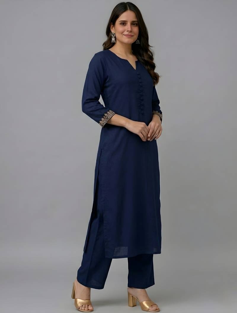 Navy embroidered rayon kurta set