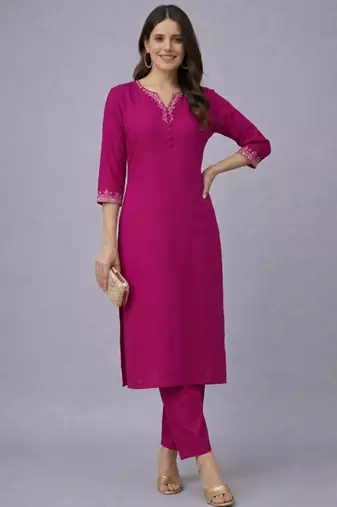 Pink embroidered rayon kurta set