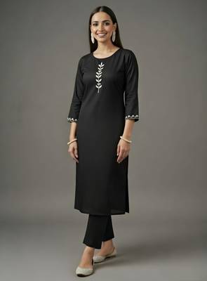 Black embroidered rayon kurta set 3