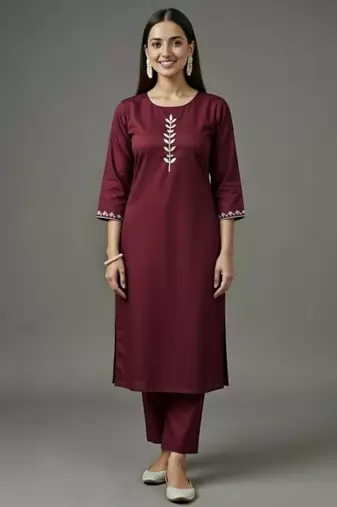 Maroon embroidered rayon kurta set