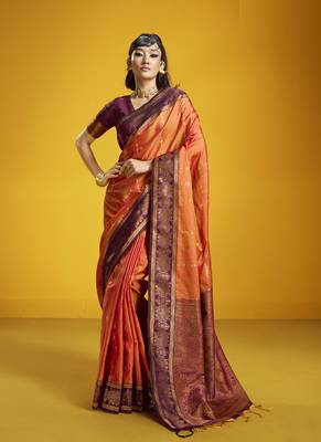orange pure silk handloom weaving festival wear saree 1
