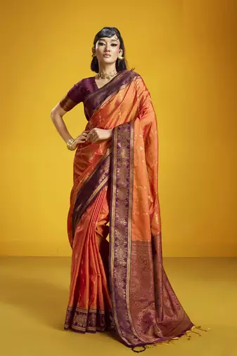 orange pure silk handloom weaving festival wear saree