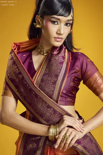 orange pure silk handloom weaving festival wear saree
