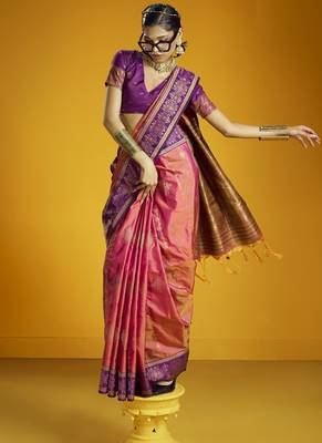 peach pure silk handloom weaving festival wear saree 1