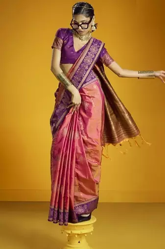 peach pure silk handloom weaving festival wear saree